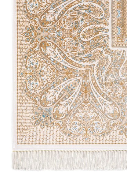 9x19 ft , Oversize Beige Classic Silk Rug with paisley desing on the border, fine fringes