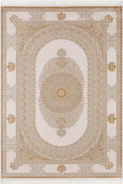8x15 ft, Oversize Beige Classic Silk Medallion Rug: Fine quality rug with Fringes