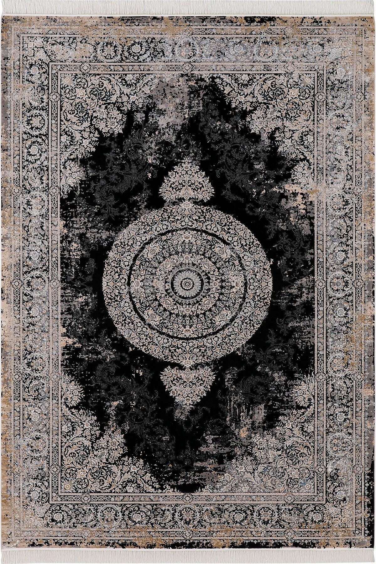 7x10 ft, Black Classic medallion Silk Rug: Fine viscose carpet with Fringes