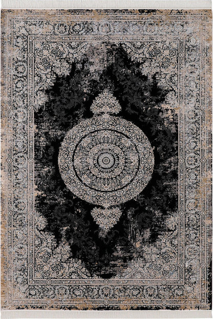 7x10 ft, Black Classic medallion Silk Rug: Fine viscose carpet with Fringes