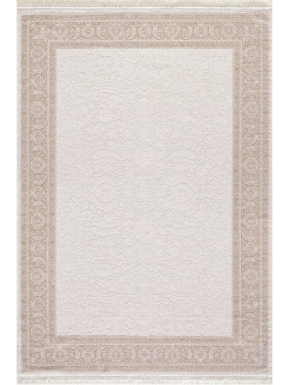 7x10 ft, Beige Classic border Rug: Beige Bamboo yarn carpet with fine fringes