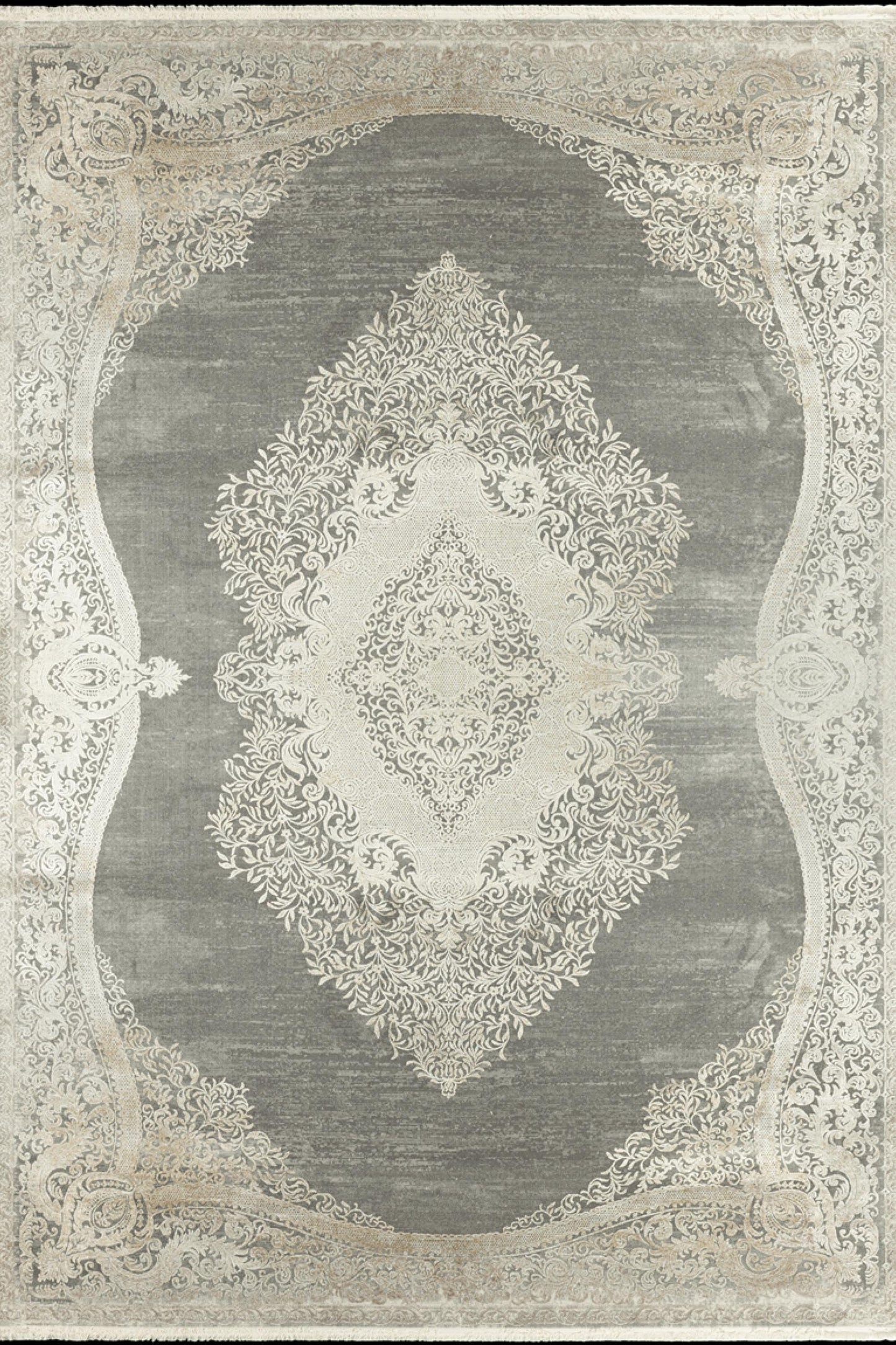 7x10 ft, Distressed Gray Rug: Viscose yarn, Medallion design carpet with Fringes