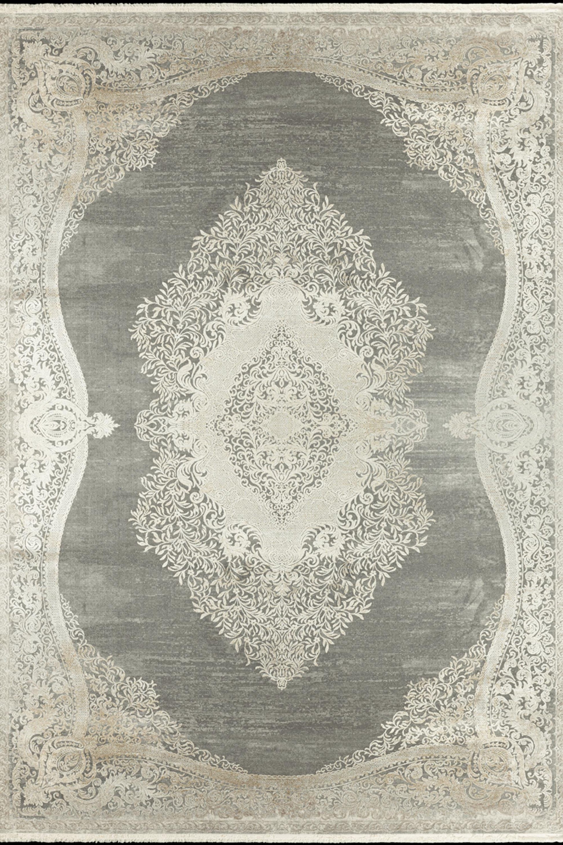 7x10 ft, Distressed Gray Rug: Viscose yarn, Medallion design carpet with Fringes