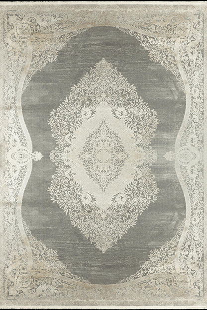 7x10 ft, Distressed Gray Rug: Viscose yarn, Medallion design carpet with Fringes