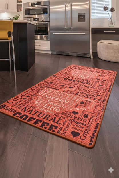 Title: Terracotta Coffee Typography Washable Kitchen Runner – Non-Slip Anti-Fatigue Rug for Coffee Lovers