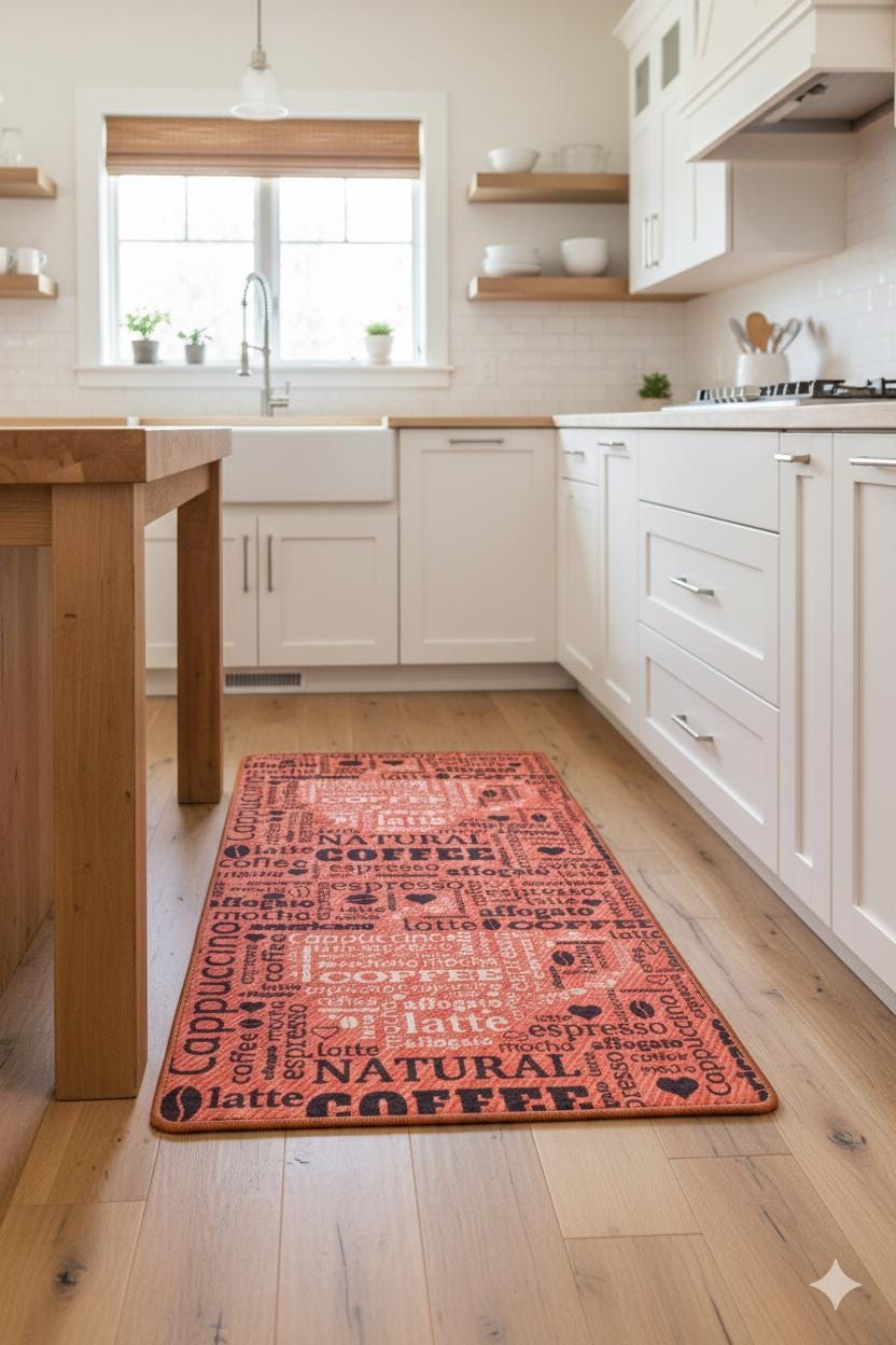 Title: Terracotta Coffee Typography Washable Kitchen Runner – Non-Slip Anti-Fatigue Rug for Coffee Lovers