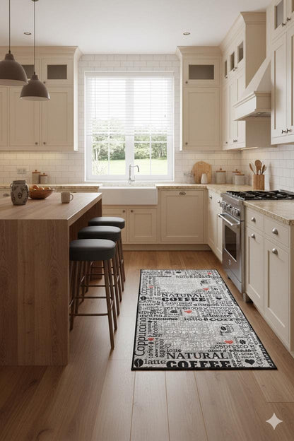 Modern Coffee Kitchen Runner, Espresso Latte Typography Decor, Washable Non-Slip Mat