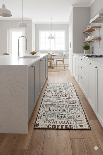 Coffee Typography Kitchen Mat – Washable Espresso Latte Art Runner Rug