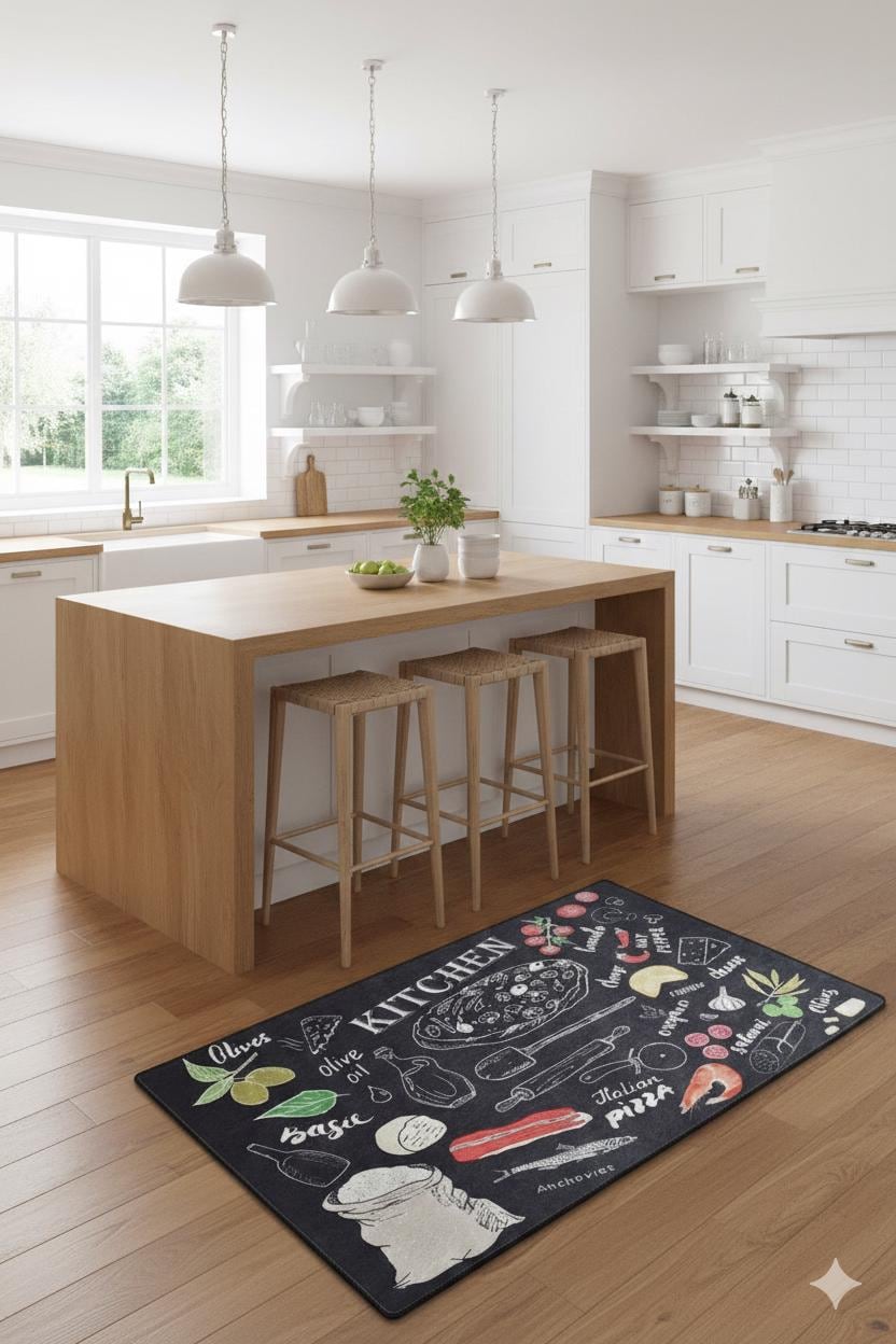 Washable Kitchen Rug, Pizza Herb Chalkboard Design, Modern Farmhouse Decor, Italian Food Mat