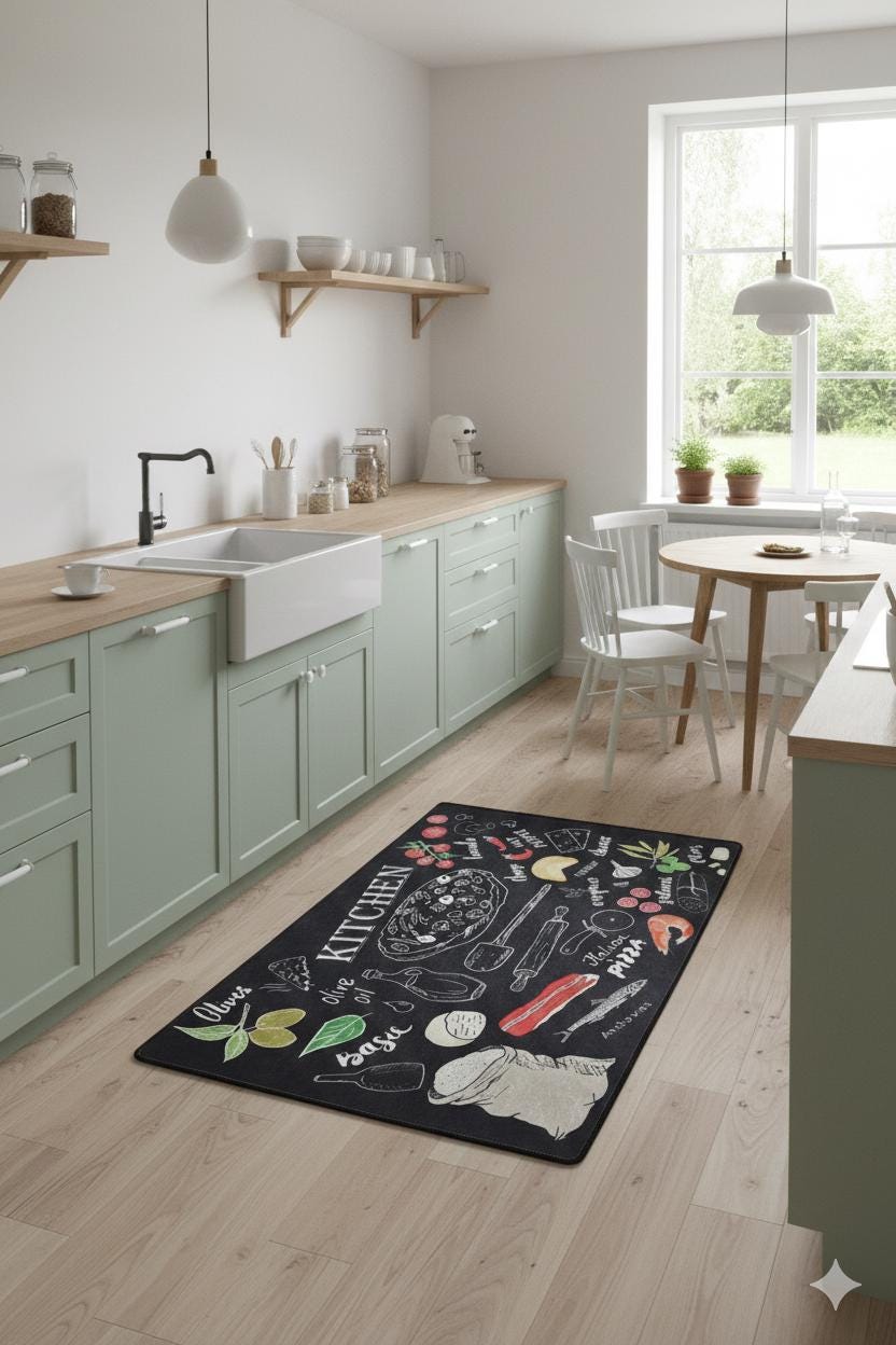 Washable Kitchen Rug, Pizza Herb Chalkboard Design, Modern Farmhouse Decor, Italian Food Mat