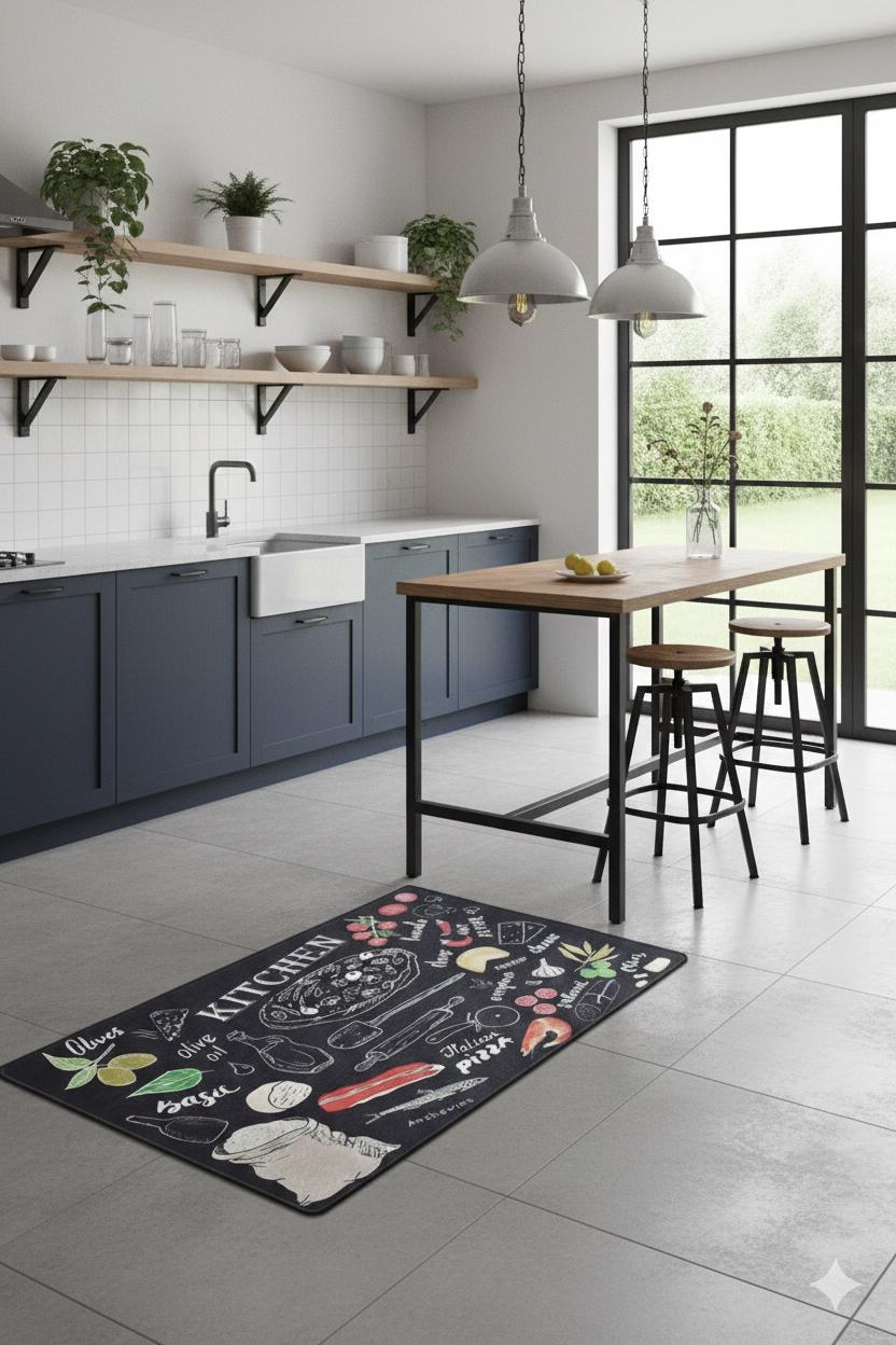 Washable Kitchen Rug, Pizza Herb Chalkboard Design, Modern Farmhouse Decor, Italian Food Mat