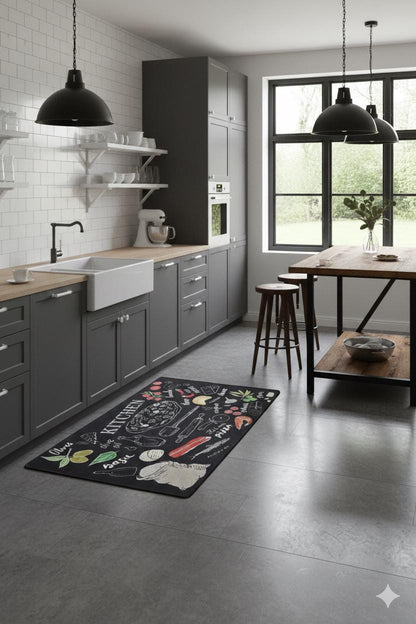 Washable Kitchen Rug, Pizza Herb Chalkboard Design, Modern Farmhouse Decor, Italian Food Mat