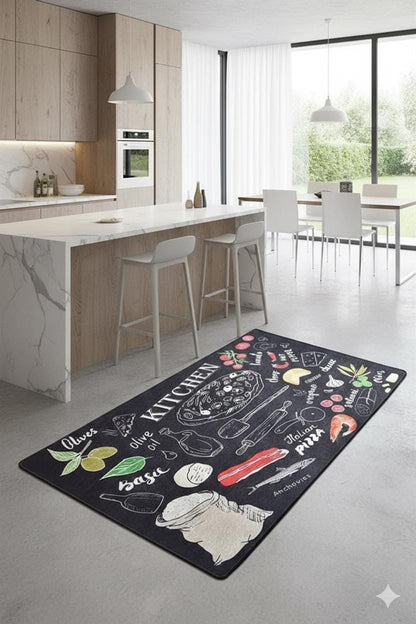 Washable Kitchen Rug, Pizza Herb Chalkboard Design, Modern Farmhouse Decor, Italian Food Mat