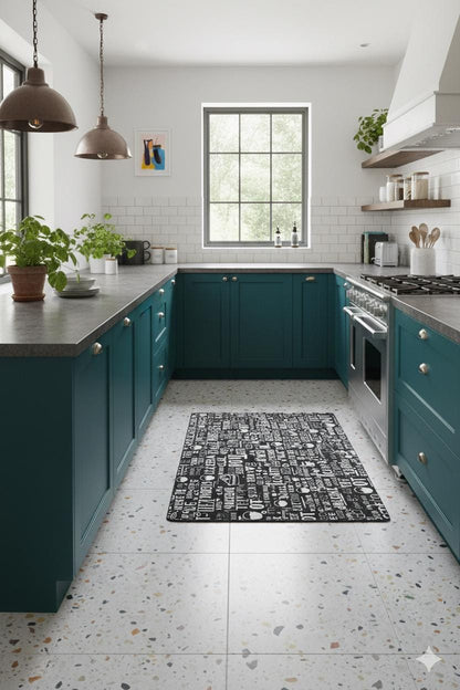 Modern Chalkboard-Style Washable Kitchen Mat – "Tea & Dessert" Non-Slip Decorative Runner