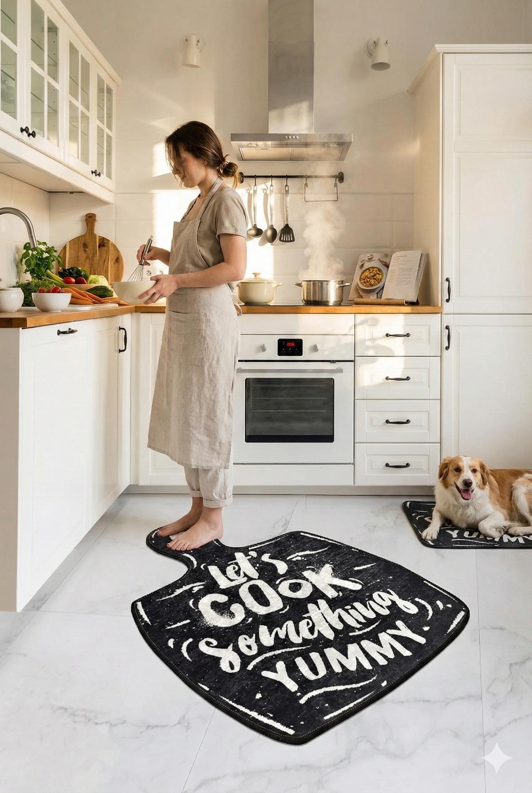 Cutting Board Shaped Kitchen Rug, Chalkboard Style "Let's Cook Yummy" Mat