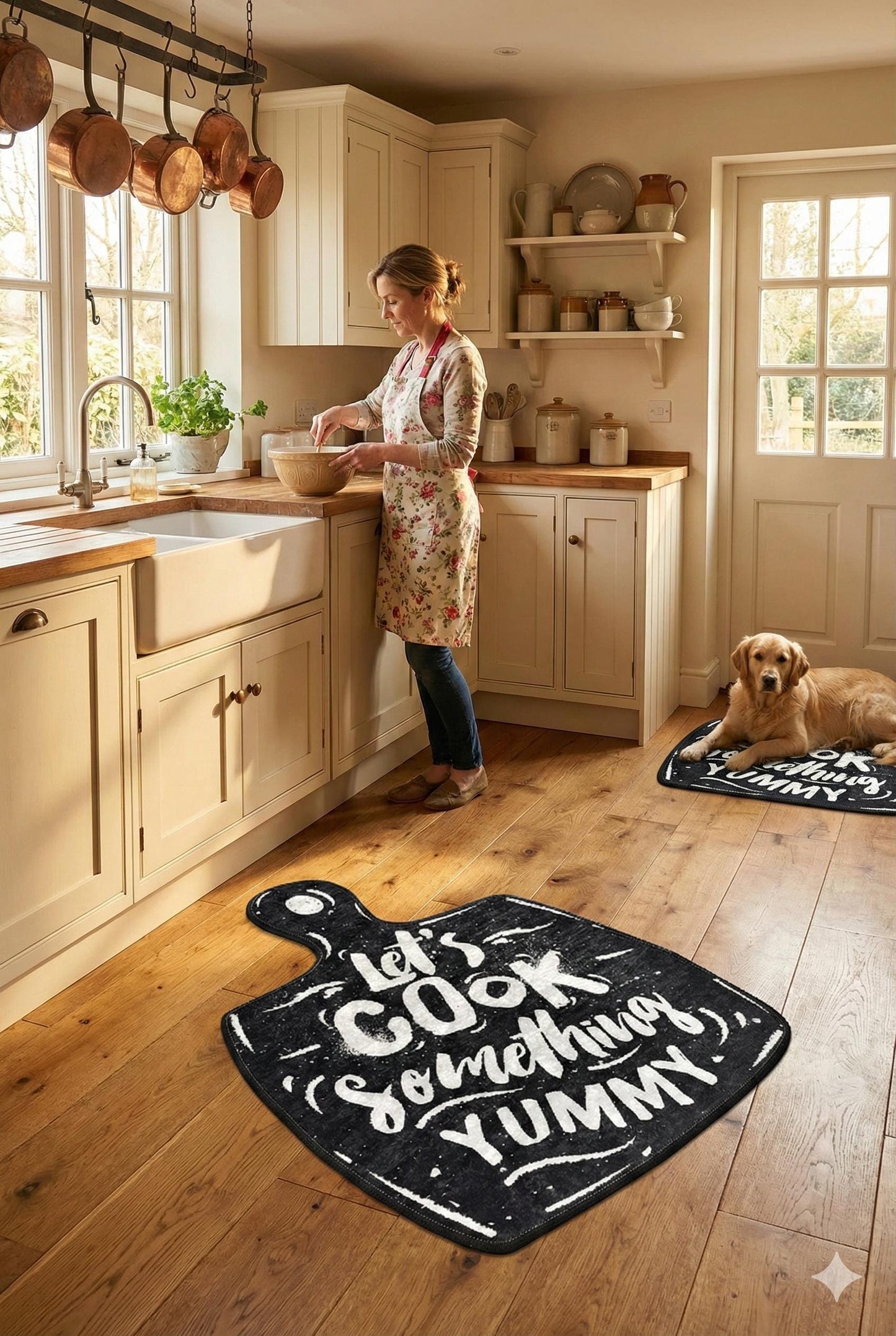 Cutting Board Shaped Kitchen Rug, Chalkboard Style "Let's Cook Yummy" Mat