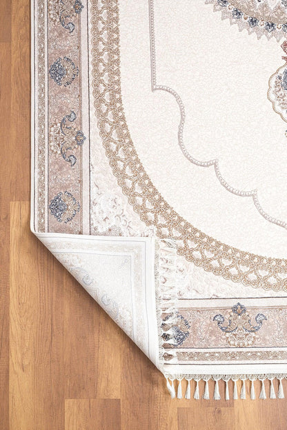 7x10 ft, Beige Classic oriental Silk Rug: Bamboo Yarn,fine fringes carpet
