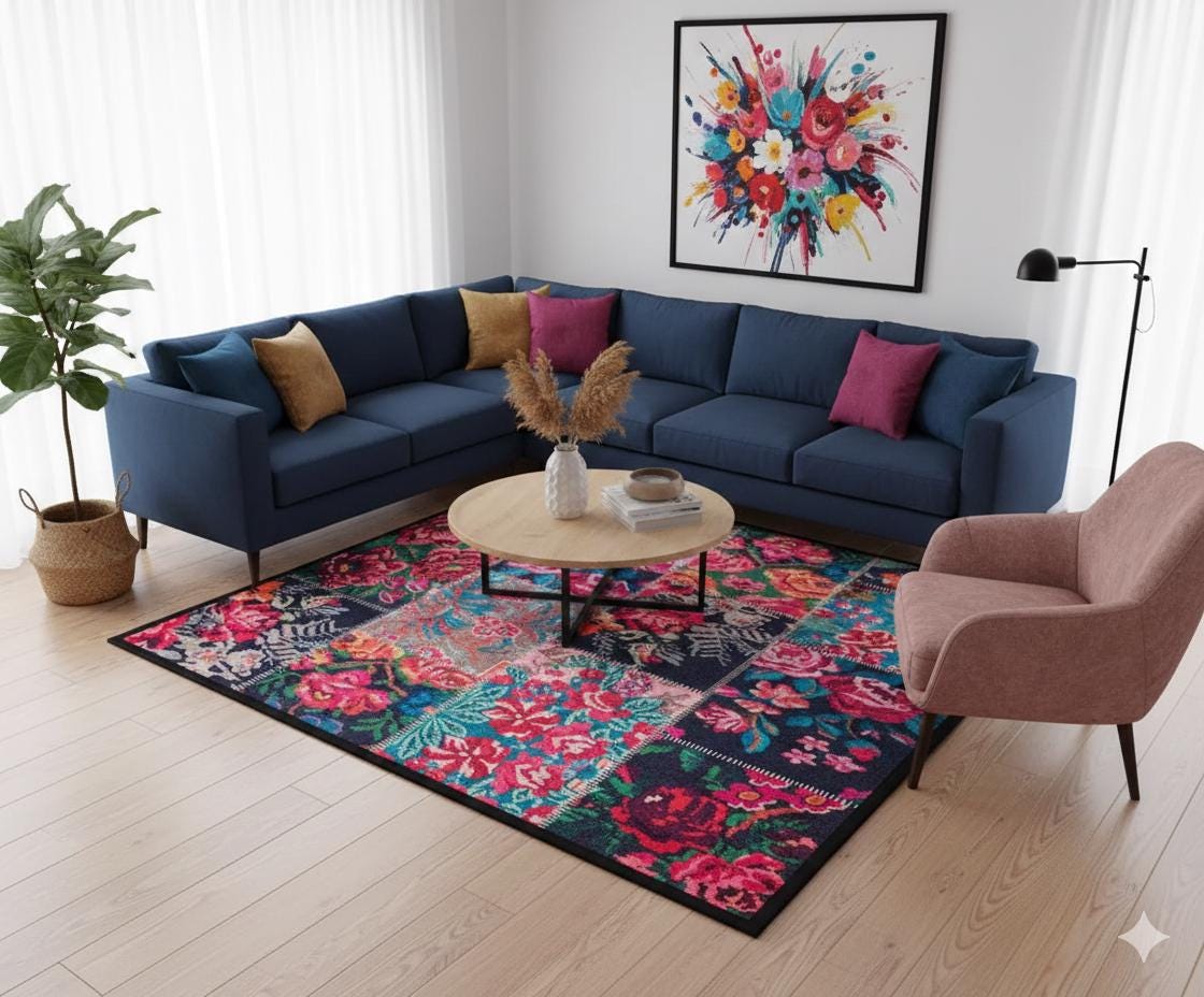 Floral Patchwork Area Rug – Boho Maximalist Pink Teal Flower Carpet, Non-Slip