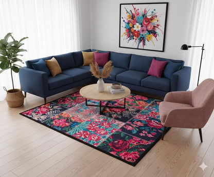 Floral Patchwork Area Rug – Boho Maximalist Pink Teal Flower Carpet, Non-Slip