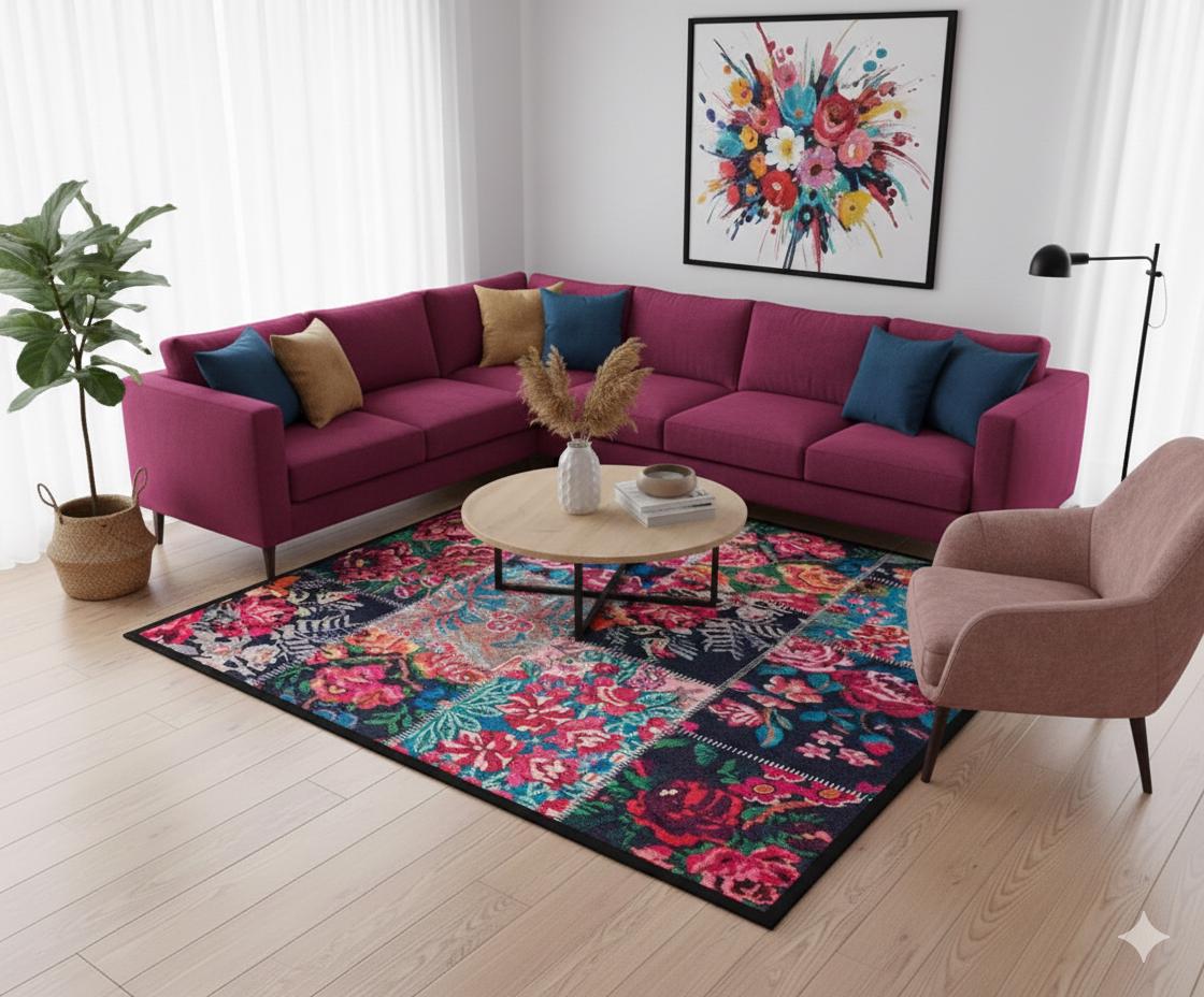 Floral Patchwork Area Rug – Boho Maximalist Pink Teal Flower Carpet, Non-Slip