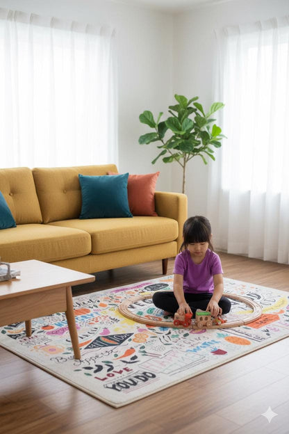 Kids Playroom Rug – Doodle Art Kitchen & Vegan Food Area Carpet