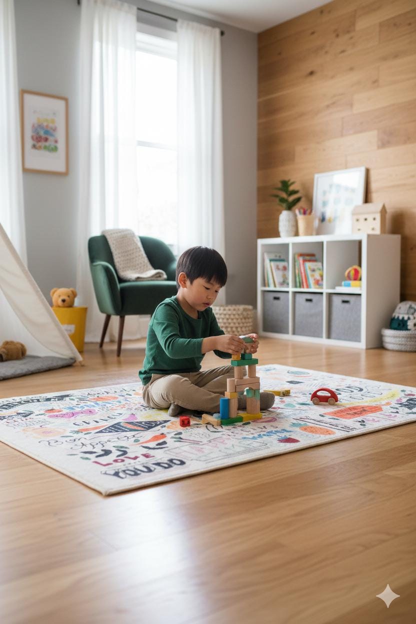Kids Playroom Rug – Doodle Art Kitchen & Vegan Food Area Carpet