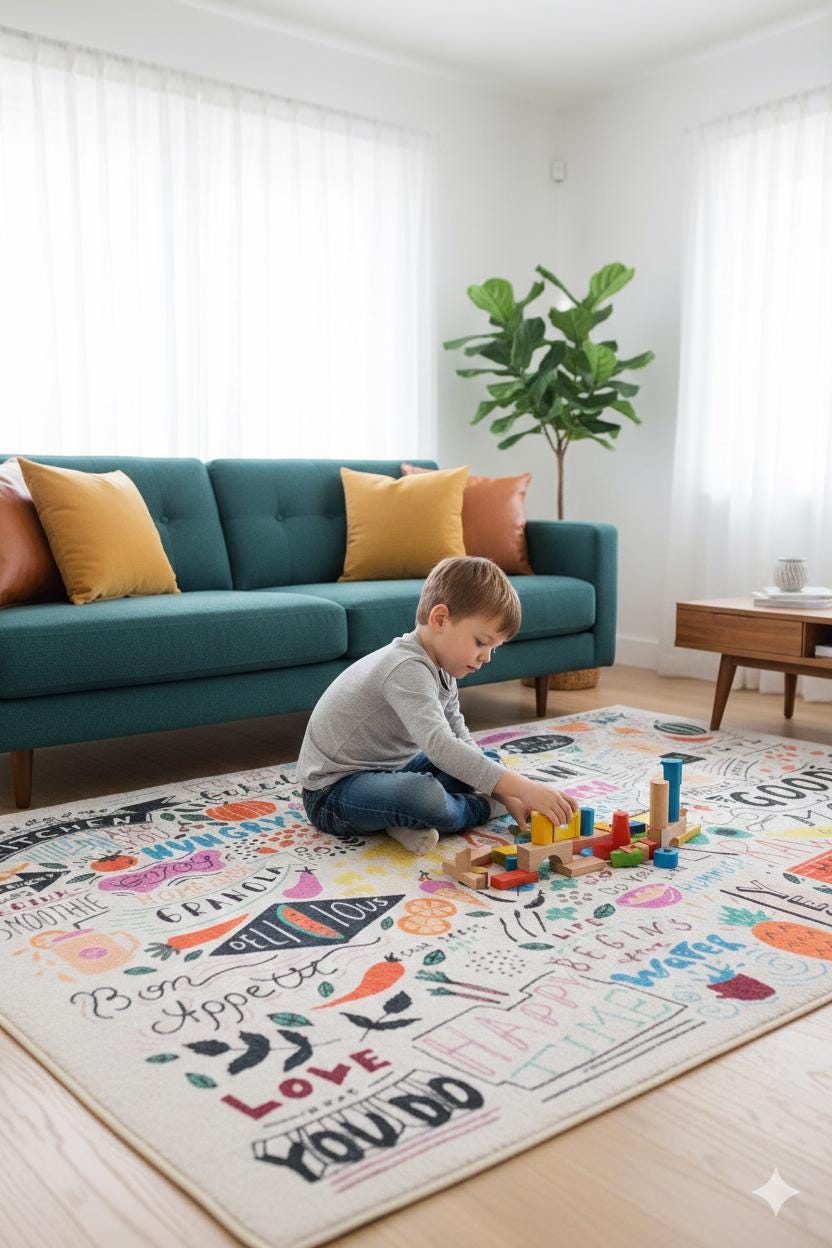 Kids Playroom Rug – Doodle Art Kitchen & Vegan Food Area Carpet