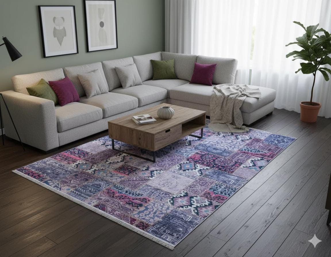 Bohemian Patchwork Rug, Purple Indigo Vintage Style Distressed Carpet, Easy Clean Non-Shedding