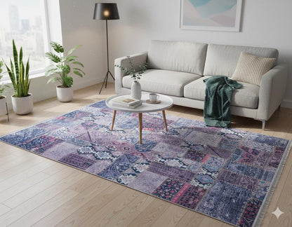 Bohemian Patchwork Rug, Purple Indigo Vintage Style Distressed Carpet, Easy Clean Non-Shedding