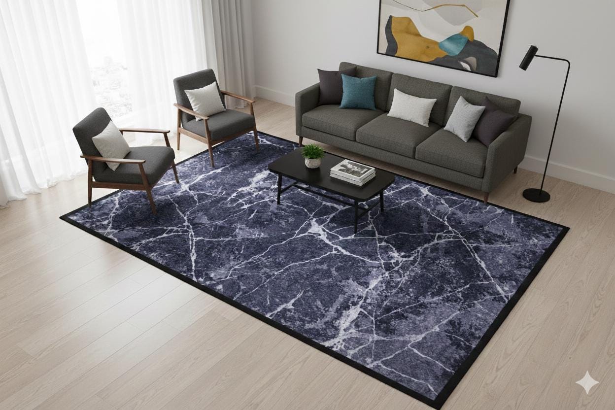 Modern Black Marble Area Rug, Charcoal White Veined Carpet, Minimalist Industrial Decor