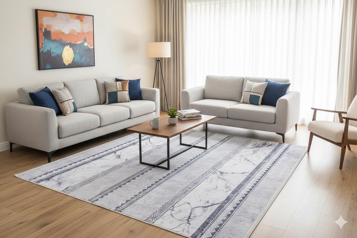 Blue Marble Striped Area Rug, Modern Abstract Coastal Living Room Mat