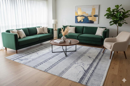 Blue Marble Striped Area Rug, Modern Abstract Coastal Living Room Mat