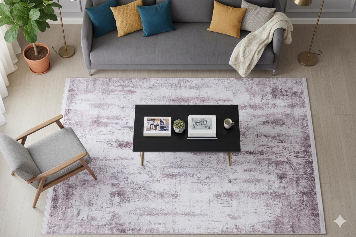 Washable Lavender Abstract Area Rug, Modern Distressed Purple Carpet (Machine Washable)