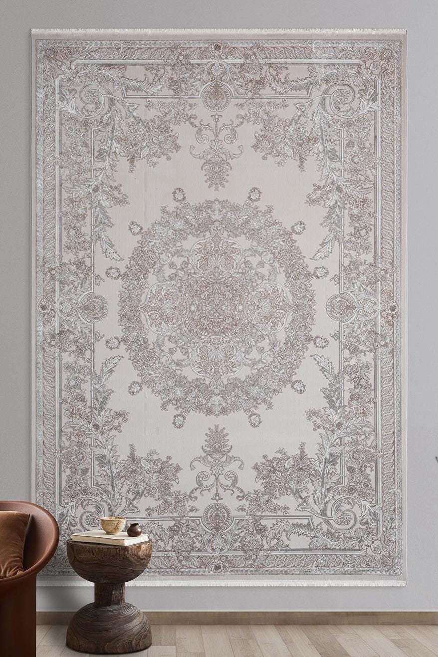 7x10 ft, Classic beige medallion Bamboo Rug with fine Fringes