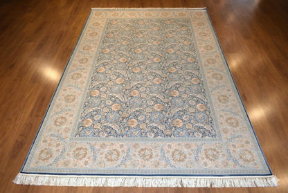 7x10 ft, Fine blue classic Silk Rug: Distressed Persian Design carpet with Fringes