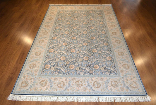 7x10 ft, Fine blue classic Silk Rug: Distressed Persian Design carpet with Fringes