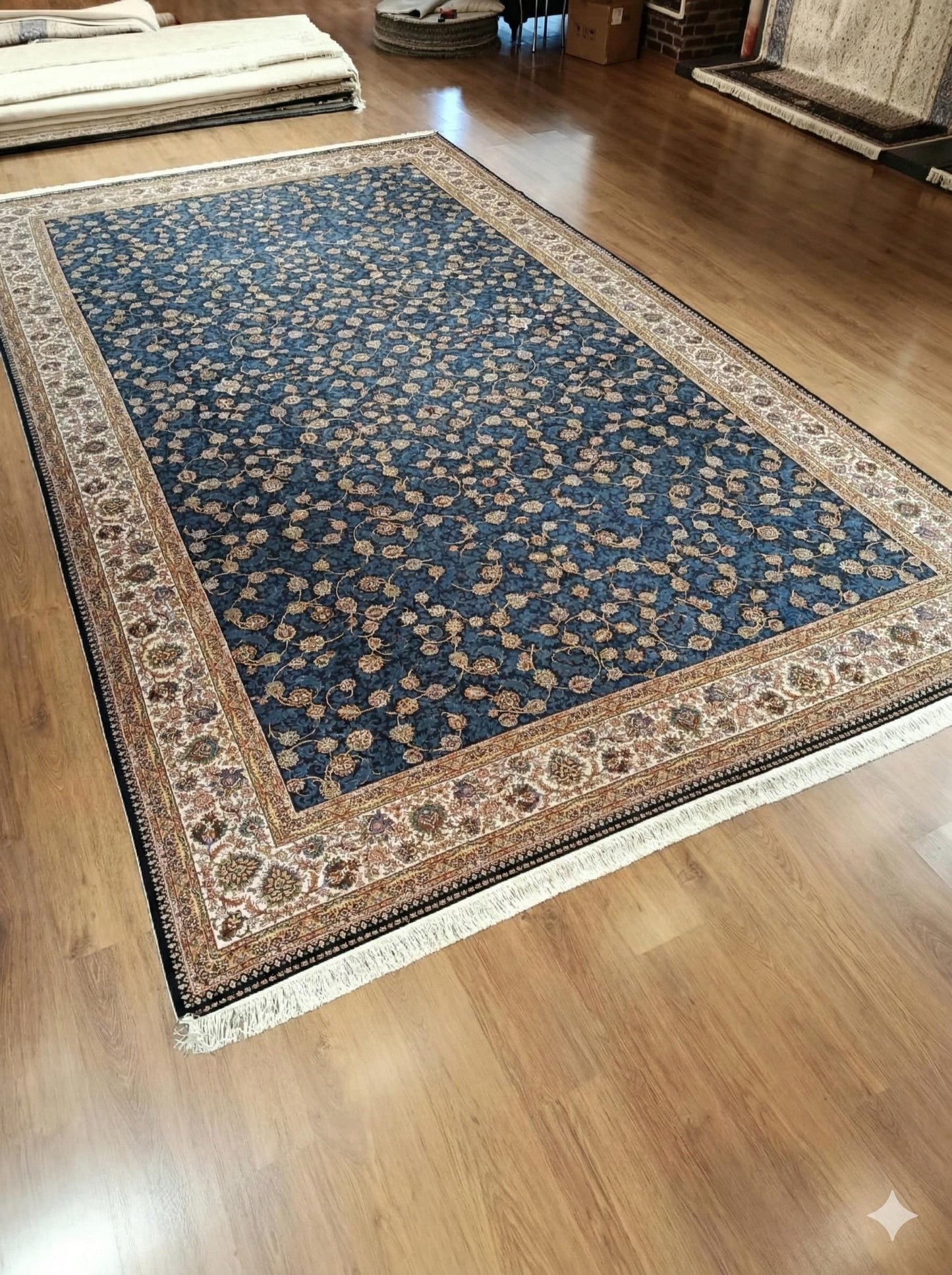 10x16 ft, Classic Blue Silk Rug: Oriental blue fine carpet with Fringes