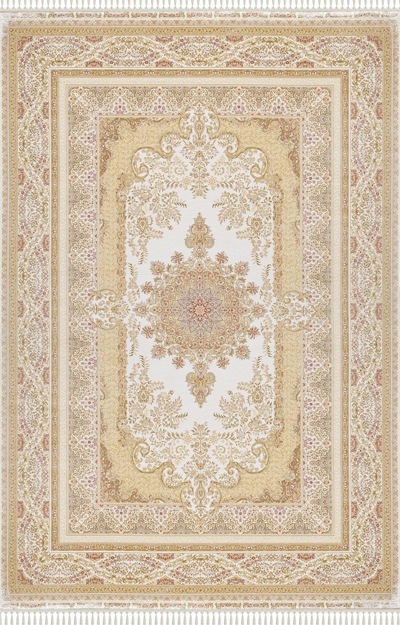 7x10 ft, Classic Beige Silk Rug - Distressed Medallion Design Carpet