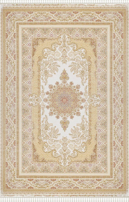 7x10 ft, Classic Beige Silk Rug - Distressed Medallion Design Carpet