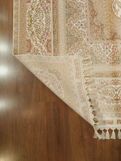 7x10 ft, Classic Beige Silk Rug - Distressed Medallion Design Carpet