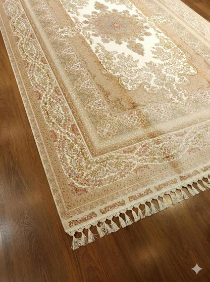 7x10 ft, Classic Beige Silk Rug - Distressed Medallion Design Carpet