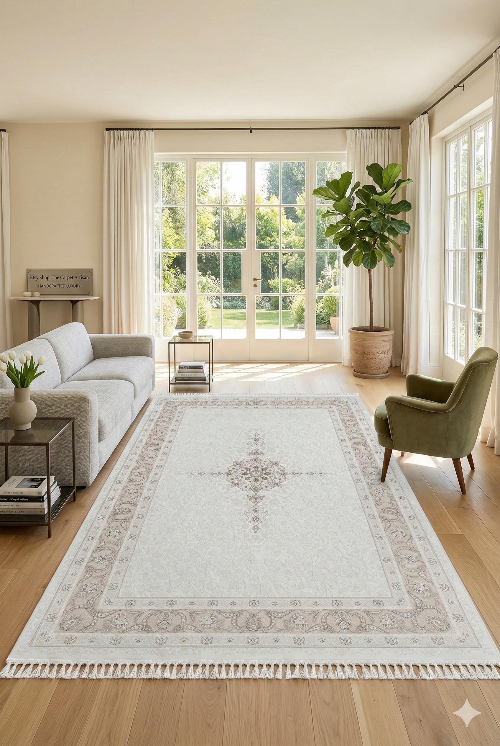 7x10 ft, Beige Classic oriental Silk Rug: Bamboo Yarn,fine fringes carpet