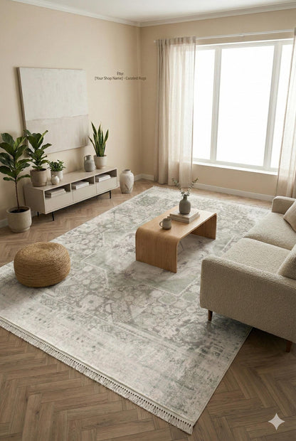 7x10 ft, Gray Classic Mamluk Rug made with Bamboo yarn with Fringes