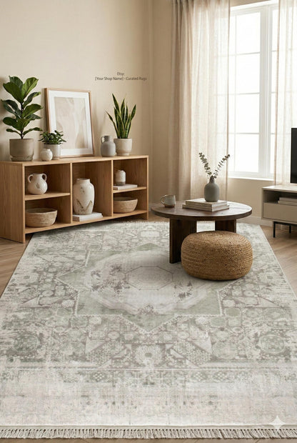 7x10 ft, Gray Classic Mamluk Rug made with Bamboo yarn with Fringes