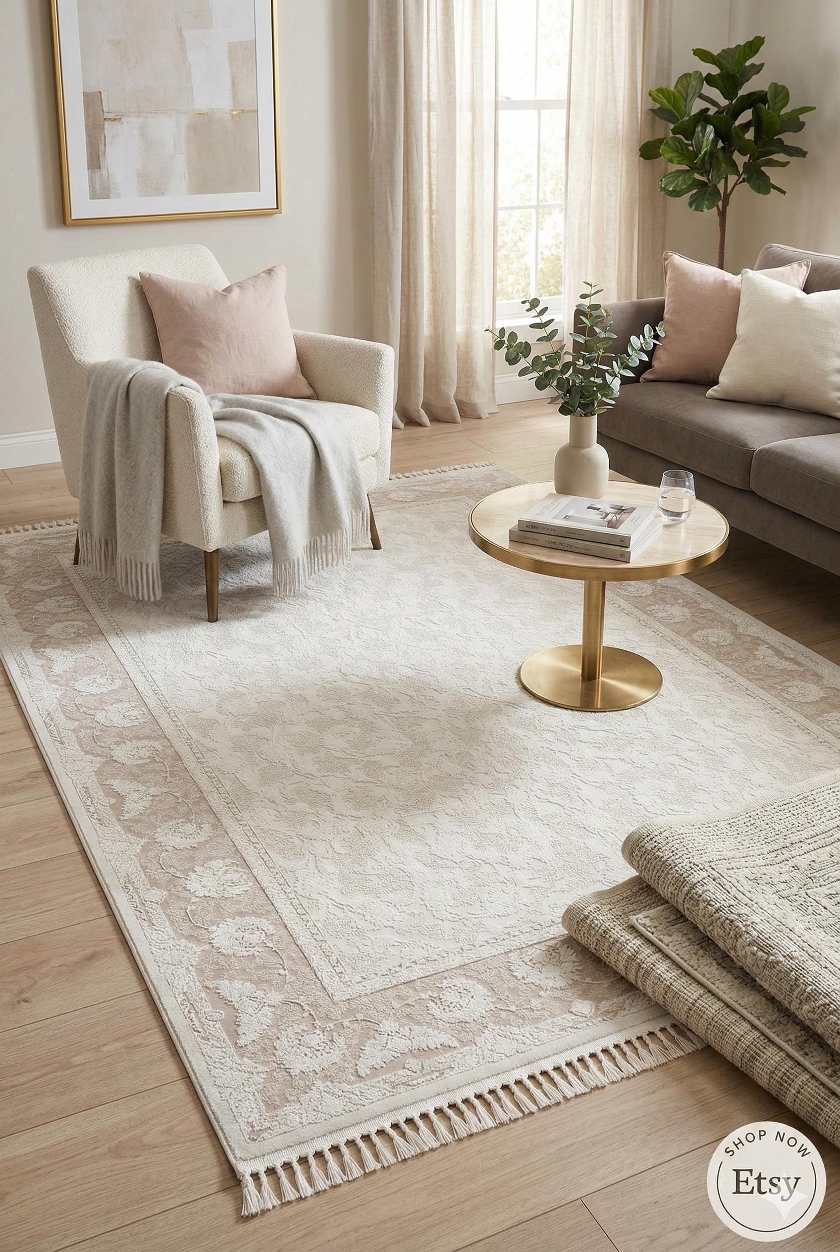8x11 ft, Beige Classic oriental Silk Rug: Bamboo Yarn,fine fringes carpet