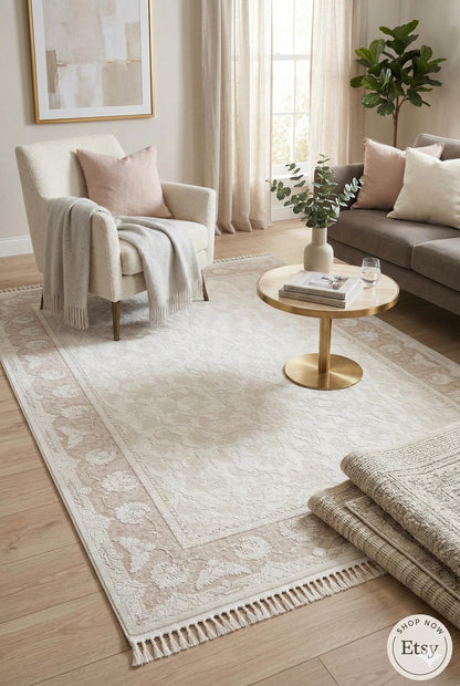 8x11 ft, Beige Classic oriental Silk Rug: Bamboo Yarn,fine fringes carpet