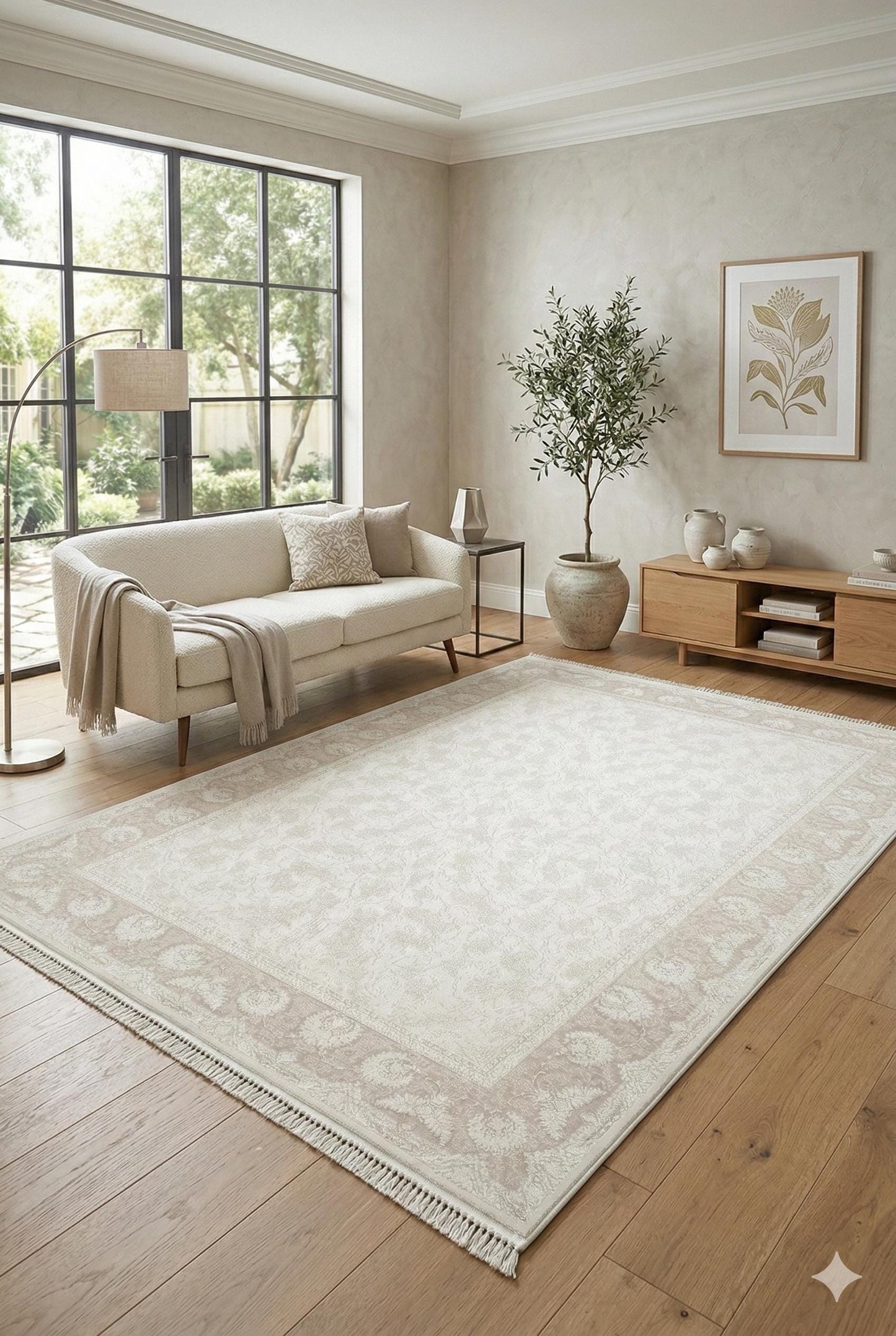 7x10 ft, Distressed Classic beige Silk Rug : Bamboo yarn carpet with fine fringes