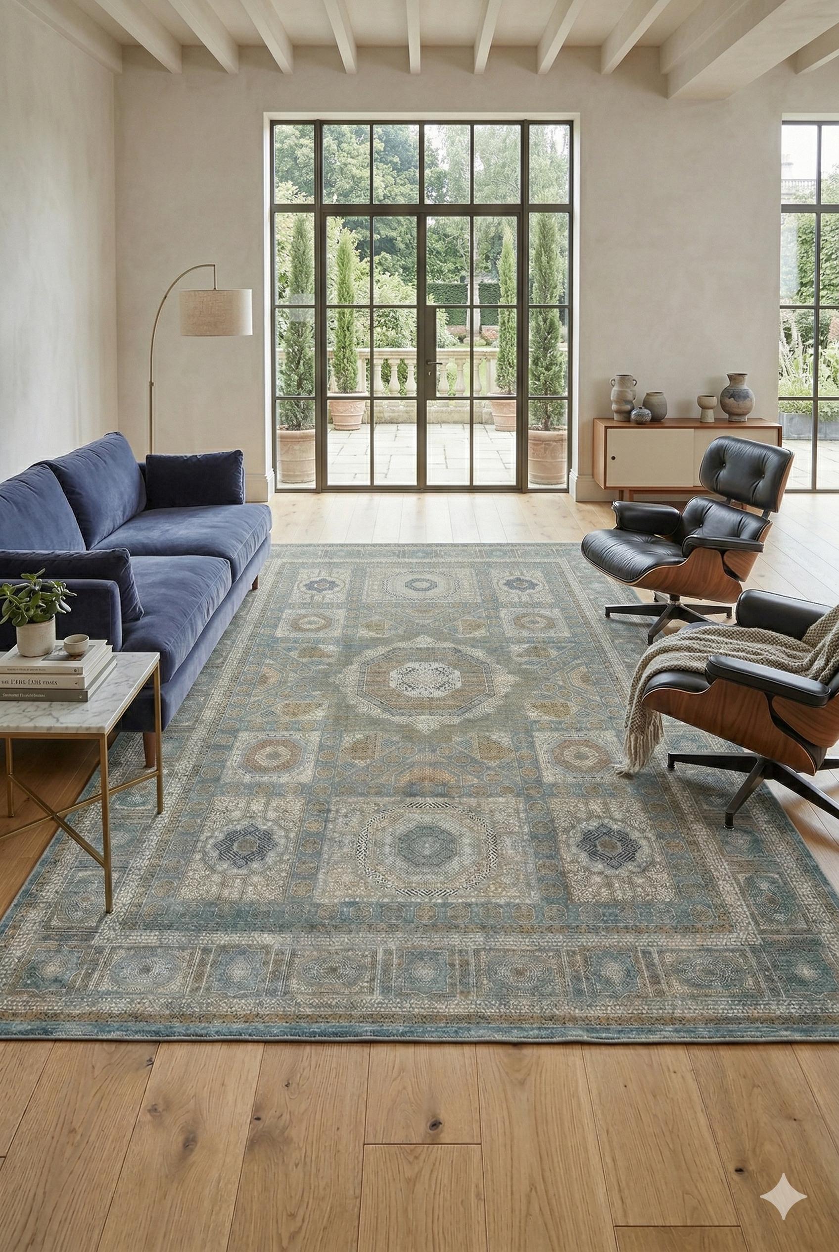 8x11 ft, Blue Viscose Rug: Classic Oriental Medallion desing Bamboo Carpet