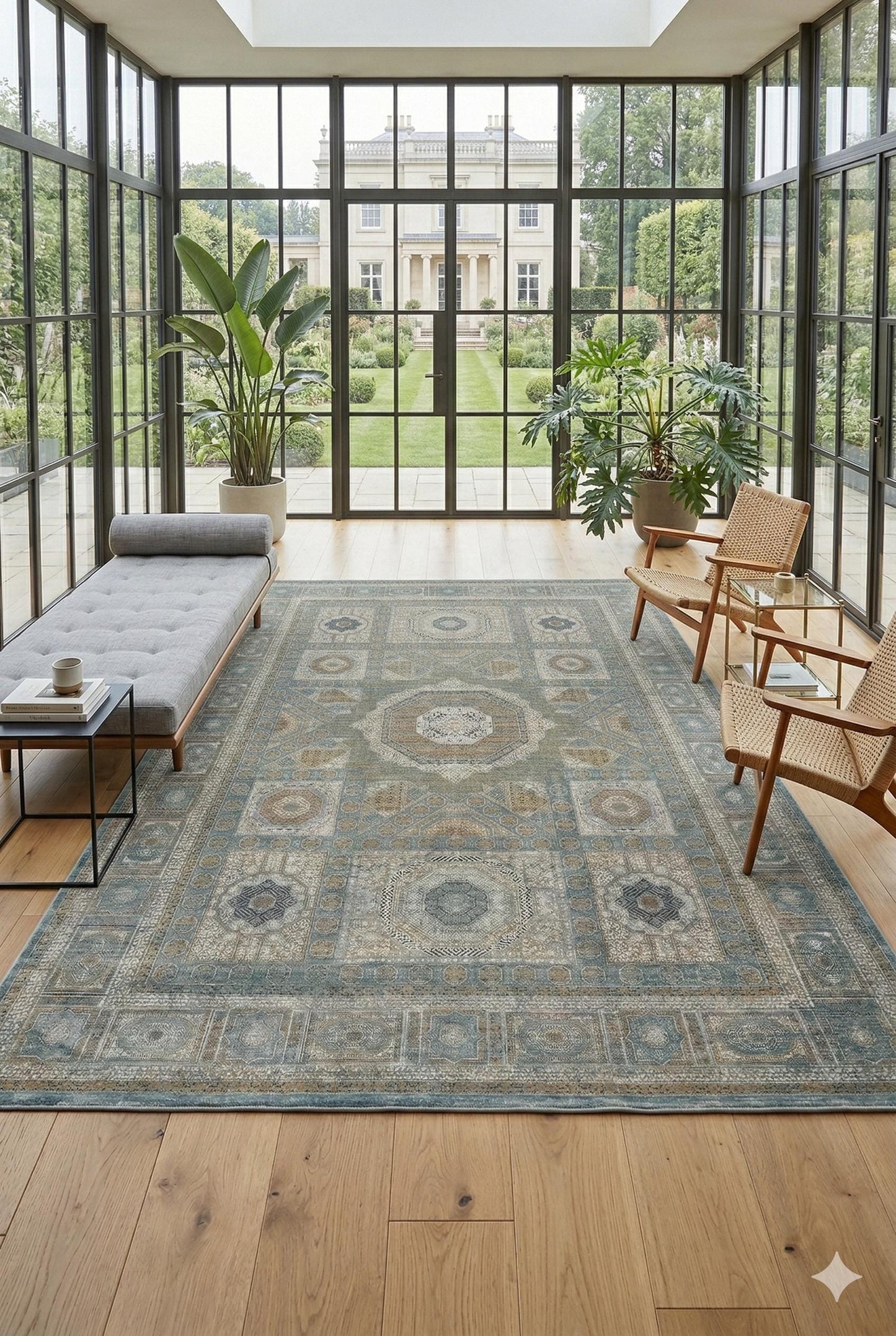 8x11 ft, Blue Viscose Rug: Classic Oriental Medallion desing Bamboo Carpet