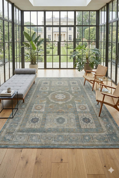 8x11 ft, Blue Viscose Rug: Classic Oriental Medallion desing Bamboo Carpet